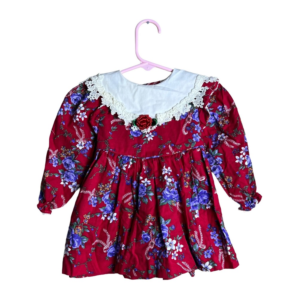 Peaches n Cream Vintage Floral Baby Dress 18M Red Lace Collar Cotton USA Made
